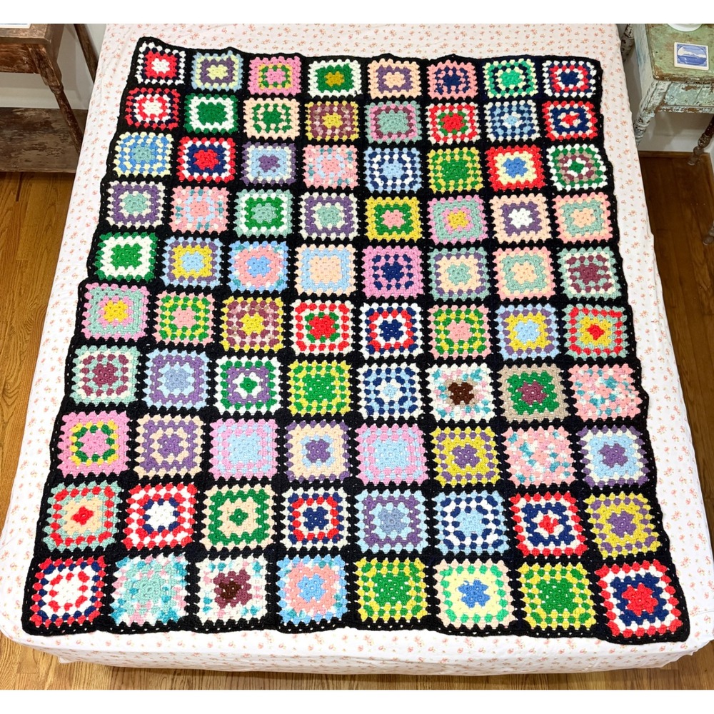 Vintage Handmade Crochet Granny Square Blanket Multi Color Afghan Roseanne Style